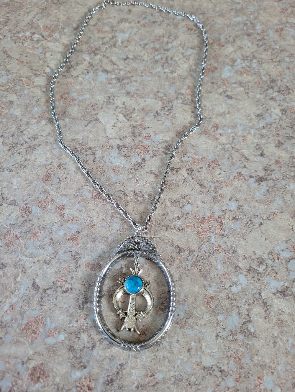 Silver-Tone Rope Chain Necklace with Oval Turquoise Angel Pendant